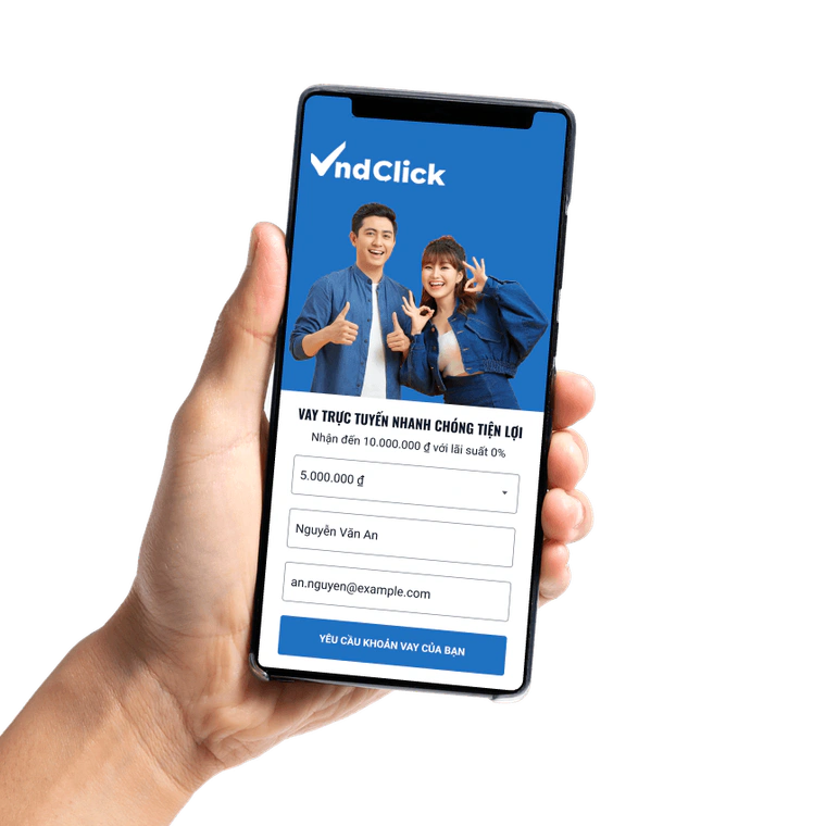 Điện thoại hiển thị form đăng ký vay của VNDClick: số tiền, họ tên, email
